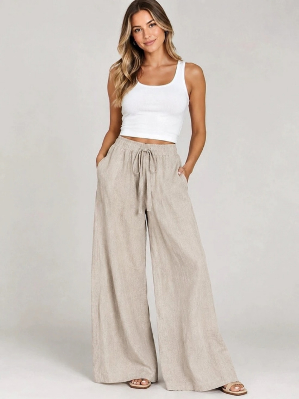 Moda Me Couture Beige Casual Women's High Rise Drawstring Wide Leg Palazzo Pants